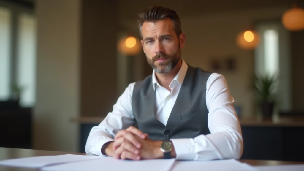 Homme professionnel âgé de 42 ans, vêtu d'une chemise blanche et veste grise, assis à un bureau avec documents, lumière chaude, arrière-plan flou de bureau, SANS texte, SANS filigrane