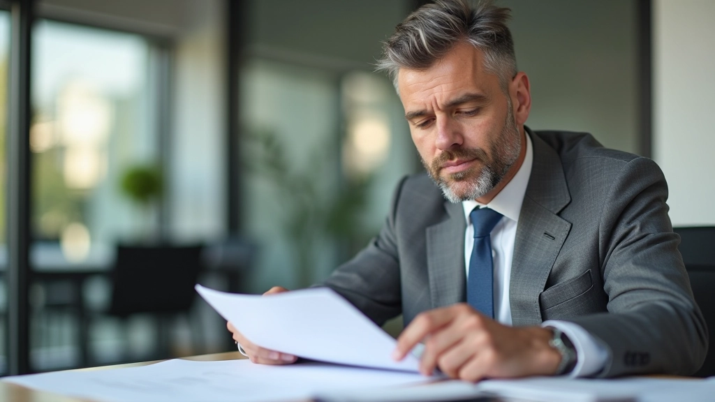 Homme âgé de 48 ans dans un bureau, portant une veste grise, consulter un plan de retraite