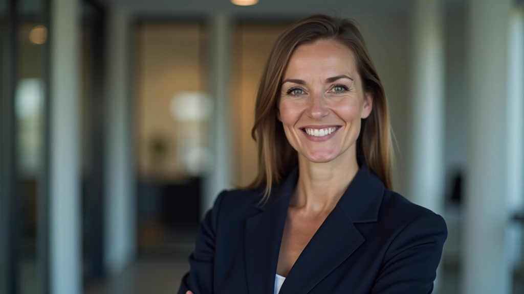 Femme professionnelle âgée de 35 ans, vêtue d'une blazer marine, portrait buste, sourire confiant, bureau moderne, lumière naturelle, fond flou, SANS texte, SANS filigrane